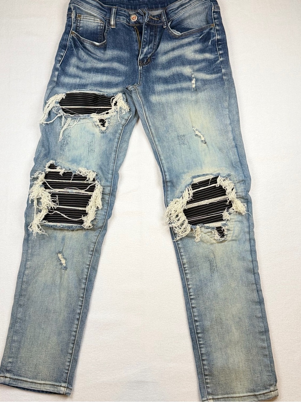 Men's Light Blue Skinny Distressed Jeans with Striped Knee Panels